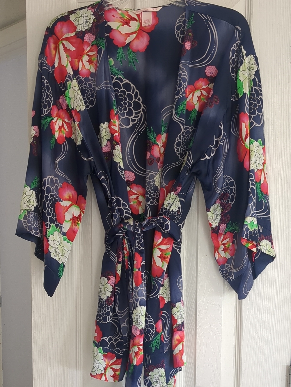 Victoria's Secret Navy Floral 100% Silk Robe with Red and Pink Blooms